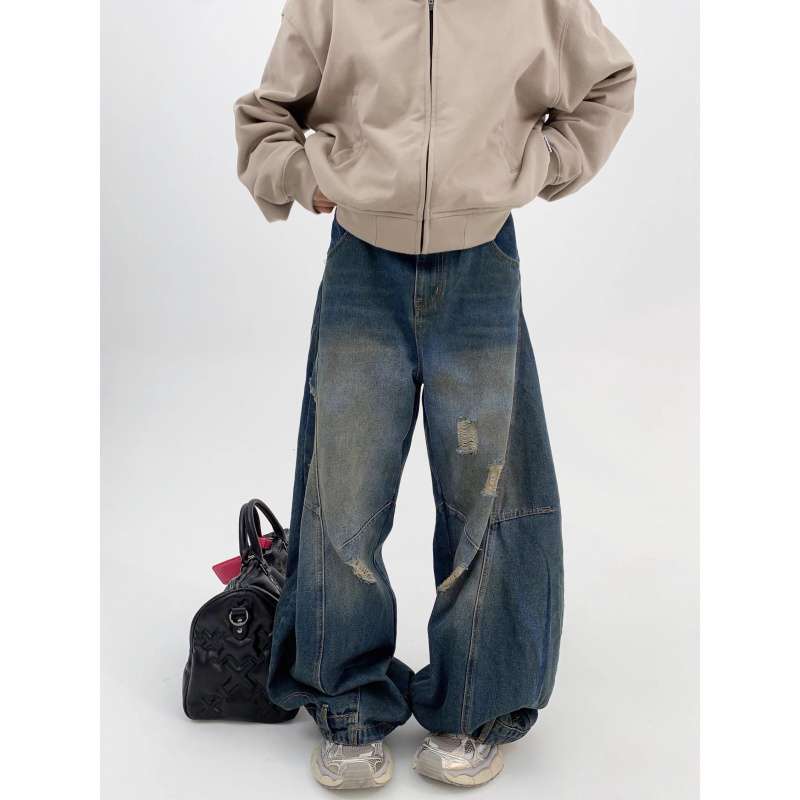 Джинсы JYL Унисекс Широкие Американский Винтаж Рваные Bootcut Деконструированные Прямые Деним