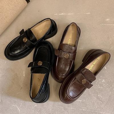 Овчина~ Кожаные лоферы в британском стиле для женщин, лепесток камелии, толстая подошва, ретро-ленивые с юбкой, маленькие кожаные туфли