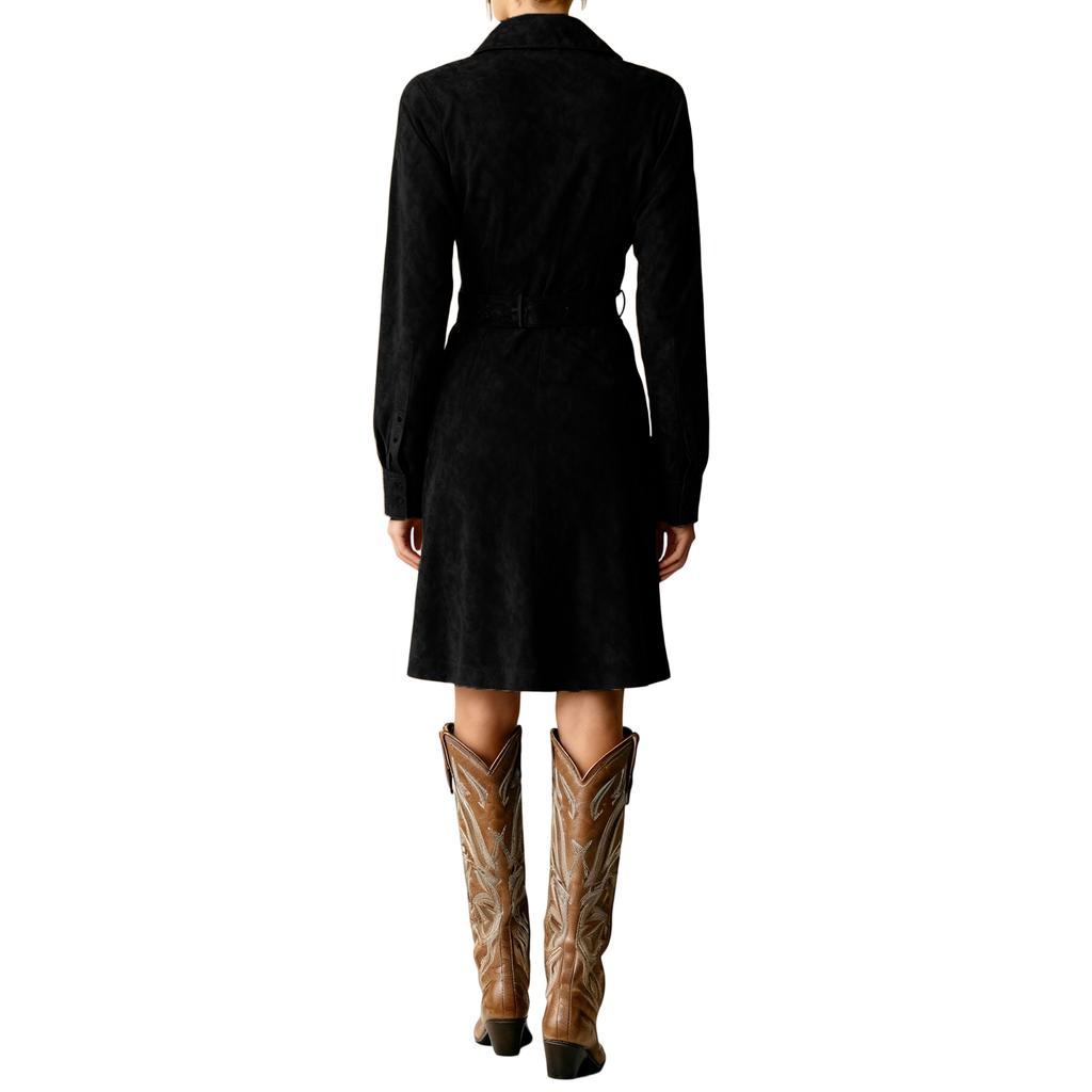 Женское модное ретро платье-рубашка однобортное с лацканами, длинным рукавом, средней длины, с поясом и карманом, однотонное платье