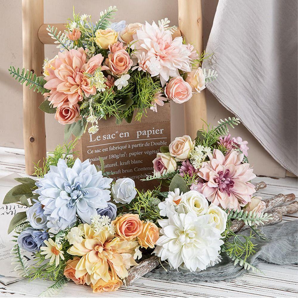 Plastic Artificial Dahlia Rose Flowers Realistic Fake Flowers  Living Room Decor