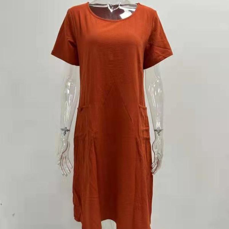 Летние новые свободные платья больших размеров из хлопка и льна, женские однотонные повседневные платья с круглым вырезом и короткими рукавами, женские трапециевидные элегантные винтажные женские платья 24463