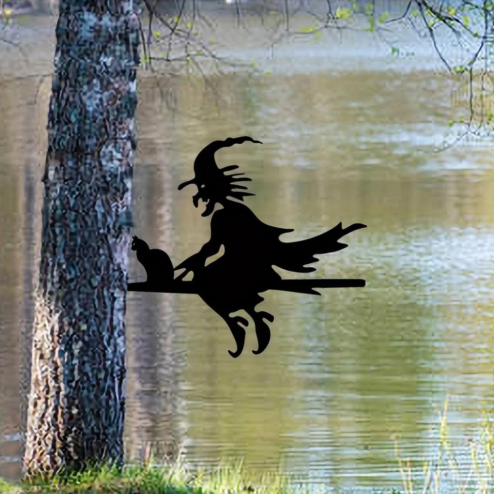 1 шт. Страшная ведьма и кошка на ветке, стальной силуэт, металлическое настенное искусство для дома, двора и патио, наружная статуя, украшение для колышка