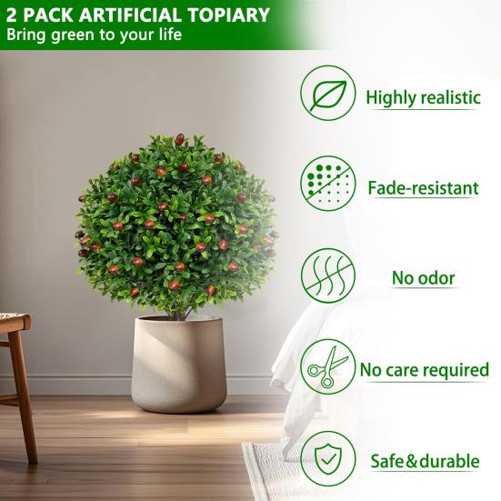 Artificial Topiary Ball with Lavender Flowers 16 Inches UV Resistant Faux Shrubs with Ground Spike Fake Evergreen Plant Artificial Brush Garden Decor