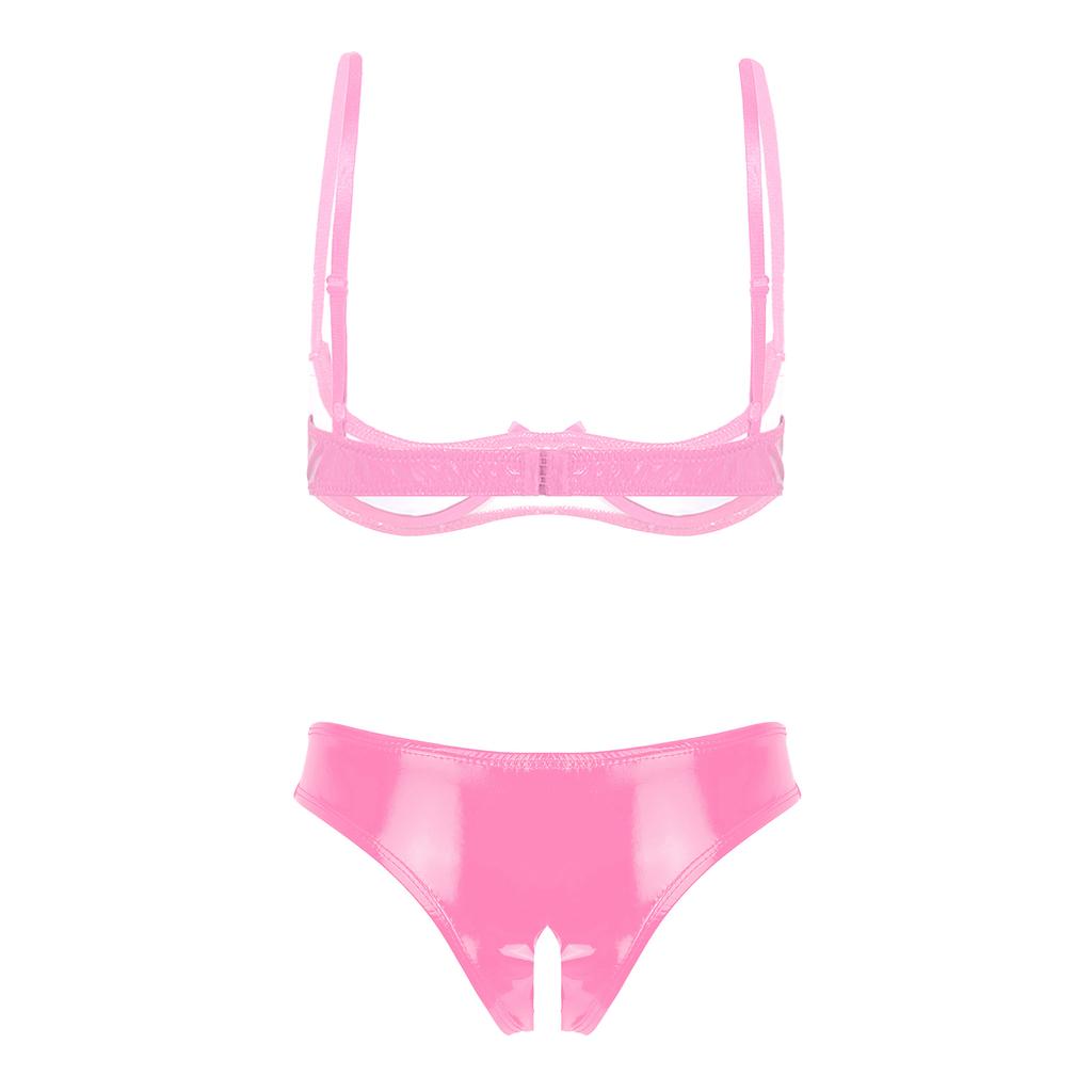 Womens Glossy Patent Leather Underwire Bra Set Adjustable Strap Lingerie with Open Crotch Briefs