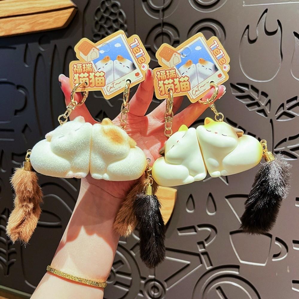 Cartoon Couple Cat Key Chain Pom Accessories Mink Fur Cat Keyring Long Tail Cat Pendant Friends