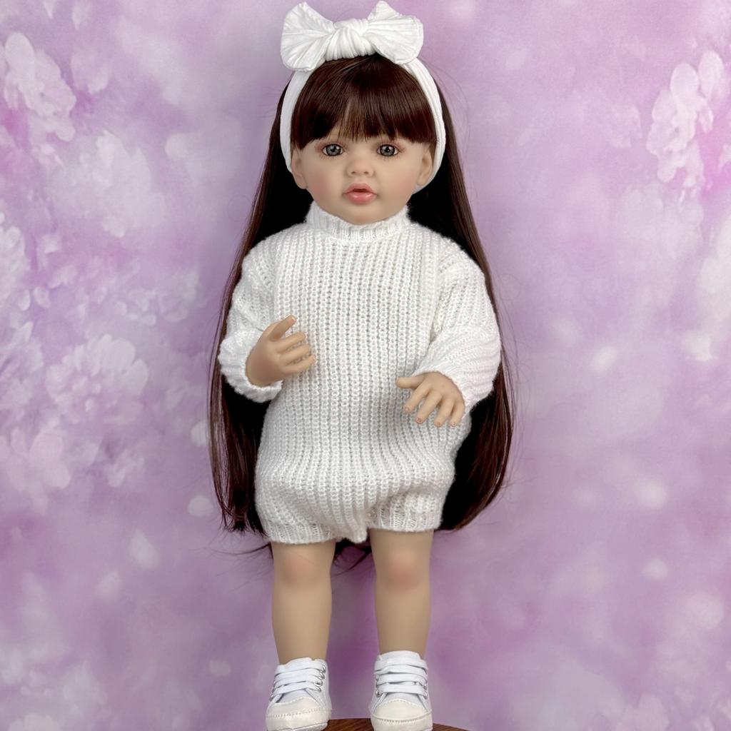 Кукла-реборн BZDOLL 55 см (22 дюйма) с полностью виниловым телом, девочка, в нарядном платье, с длинными каштановыми волосами, принцесса, малышка, прекрасный подарок на день рождения, игрушка ручной работы.