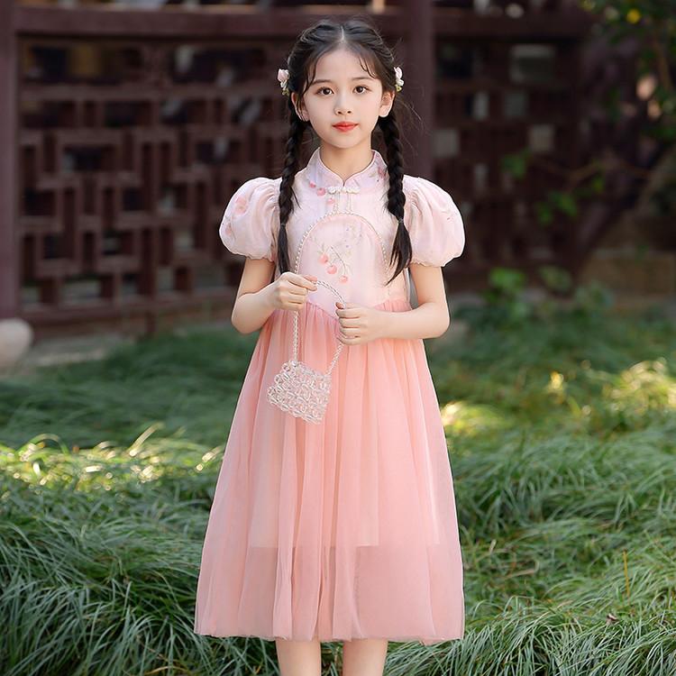Summer girls' new Chinese style dress, medium size children's mesh qipao skirt, bubble sleeves princess skirt, girls' fashion