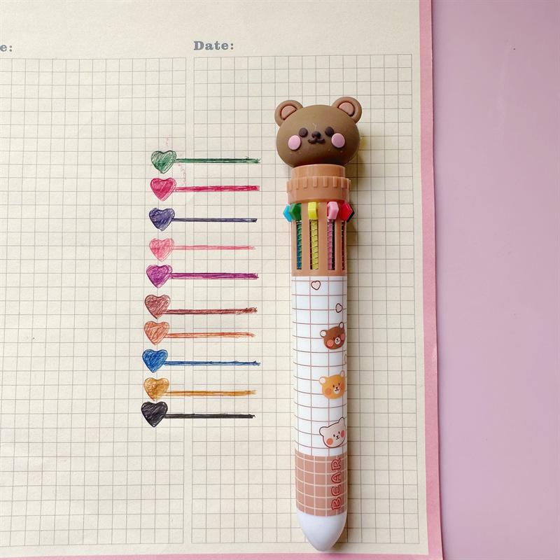 Шариковая ручка Cartoon Bear 10-в-1 с многоцветной кнопкой 0,5 мм для школьников, канцелярские принадлежности для записей