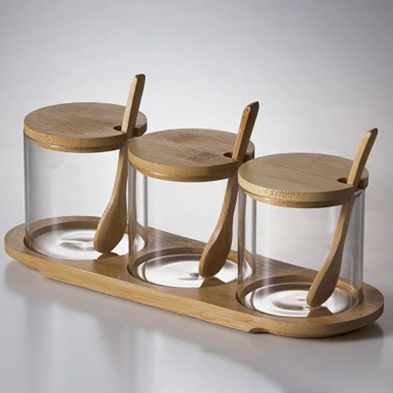 Kitchen Glass Condiment Jar Set Wood Lid with Tray Spoon Clear Seasoning Spice Salt Jar Dust-Proof Coffee Beans Organizer Bottle
