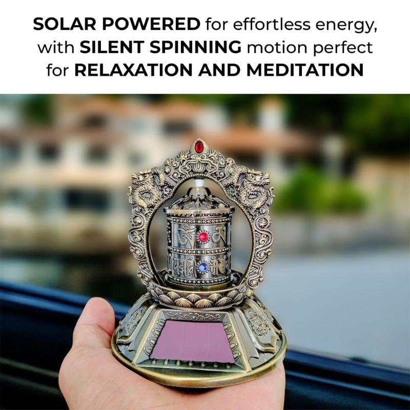 Solar Powered Tibetan Prayer Wheel Buddhist Decorative Ornament for Meditations,Yogas,Relaxation Decors Car Accessories