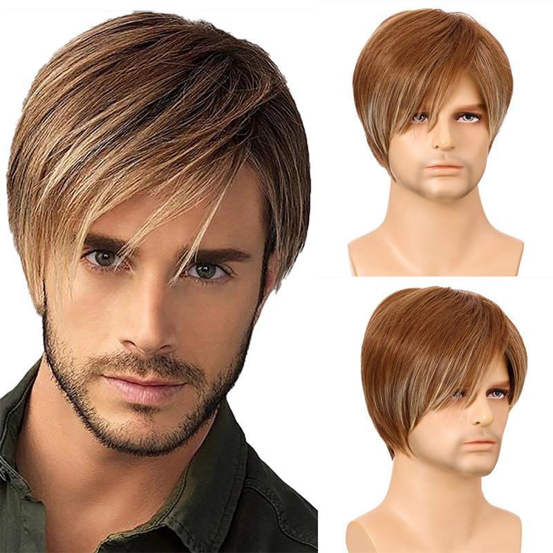 Synthetic Short Mens Wig with Side Bangs Wig Male Natural Pixie Cut Hair Daily Wig Cosplay Soft Heat Resistant Fiber