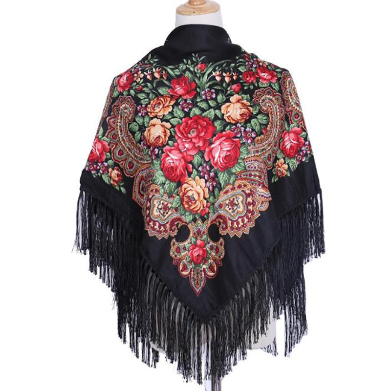 Retro Women's Tassel Shawl Floral Printed Cotton Vintage Lady Fringed Long Tassel