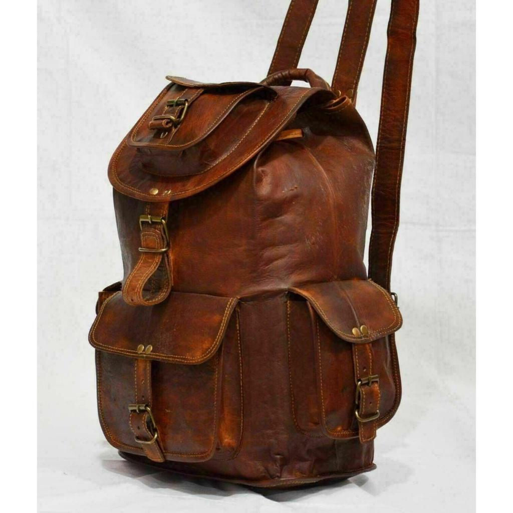 Goat Genuine Leather Large Men's Vintage Backpack Travel Rucksack Laptop Gym Bag