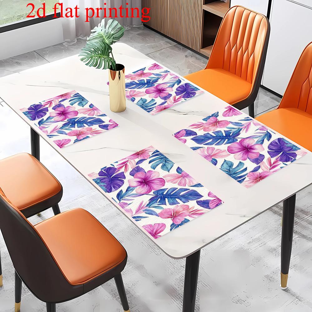 Jit4pcs 2D FLAT Digital Print Placemats, Pink Flowers Blue Leaves Pattern Printed Placemats, Making Your Dining Room More Beautiful, Very Suitable for