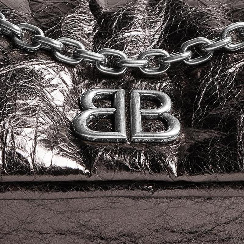 Balenciaga Monaco Distressed Silver Bb Logo Flap Closure Arena Calfskin Chain Bag Women Handbags Dark-Gray 7659662AASD1314