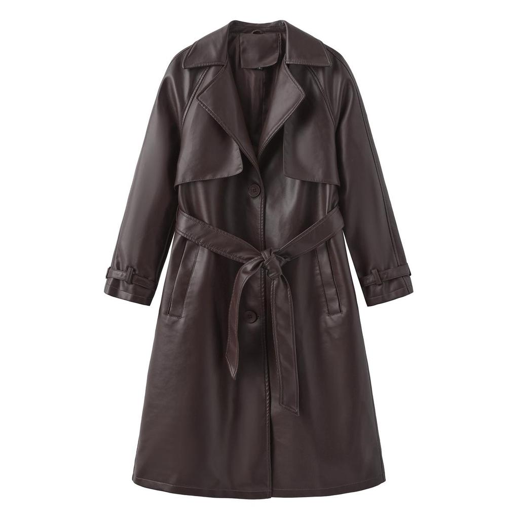 Women’s Coats Faux Leather Lapel Windbreaker PU Loose Three Row Button Trench Coat Classic Overcoat with Belt Autumn Winter Outer Wear