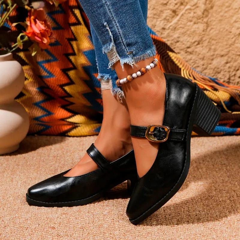 Мода Плюс Размер 2025 Ретро Мэри Джейн Женские Туфли на Высоком Каблуке Мелкие Горячая Распродажа Массивные Каблуки Ремешок с Пряжкой Туфли-Лодочки Универсальные Платье и Карьера