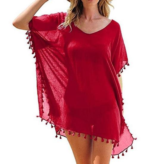 Swimsuit Cover Up Solid Color Loose See-through Tassel Bikini Dress