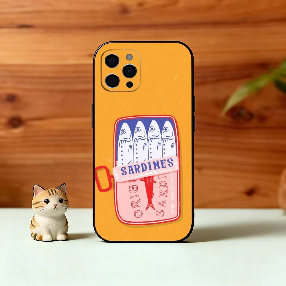 Чехол для телефона S-Sardines F-Fish Art для iPhone 17,16,15,14,13,12,11 Plus,Pro Max,XS,Мягкий силиконовый черный чехол