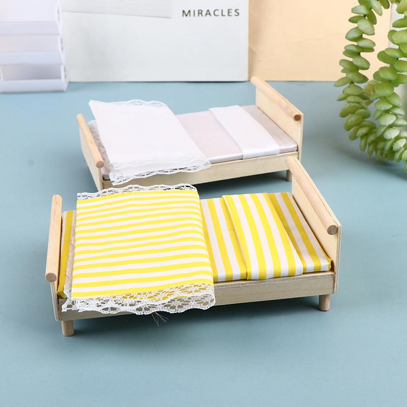 1:12 кукольных домиков Мини Мебель Спальня Микро Сцена Модель Деревянная Ткань Двуспальная Кровать
