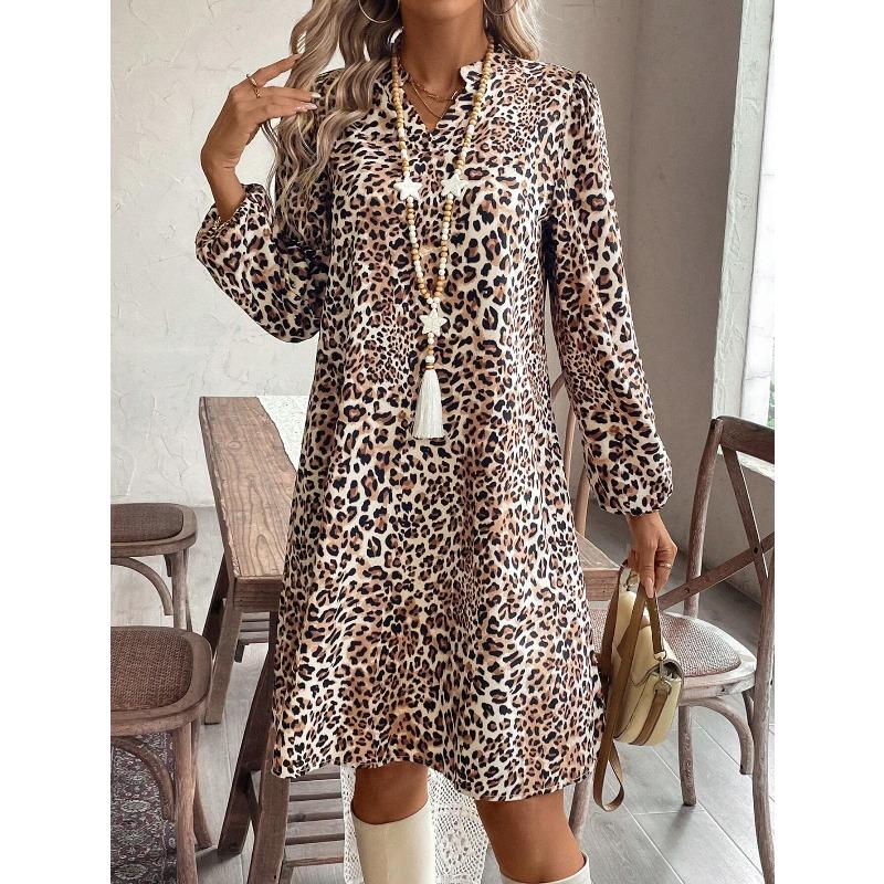 YYFS Женские модные весенне-осенние повседневные платья с леопардовым принтом, длинным рукавом, V-образным вырезом и свободной талией
