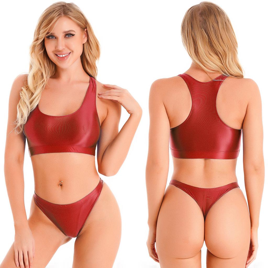 Dámské lesklé bez rukávů tílko s U výstřihem a kalhotky s nízkým pasem sportovní fitness plavkový set