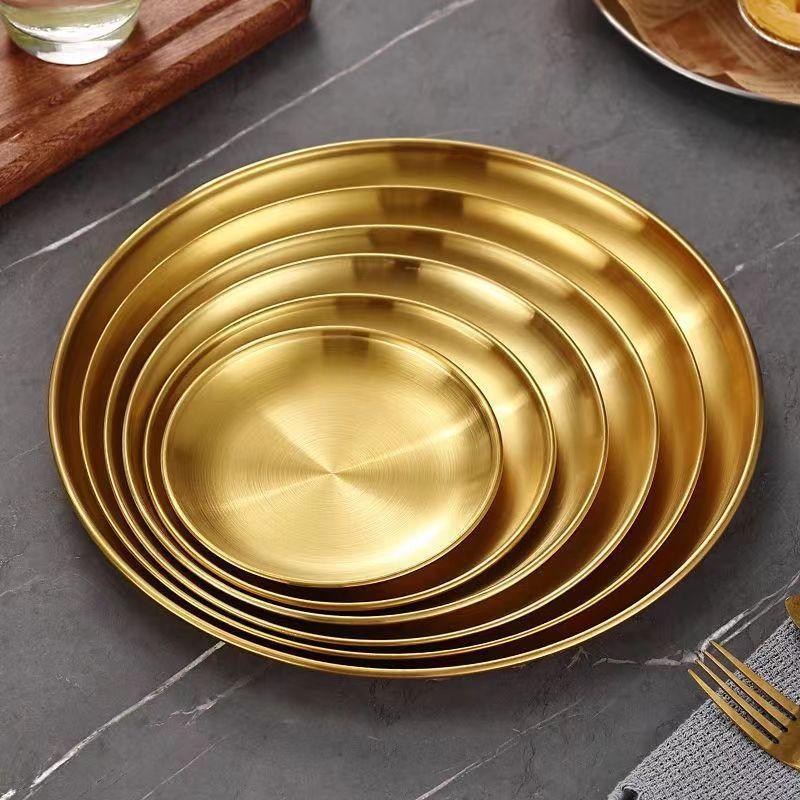 Круглая золотая тарелка для фруктов из утолщенной нержавеющей стали, тарелка для торта, тарелка для барбекю «София», круглая тарелка, тарелка для закусок, декоративная тарелка, 1 шт.