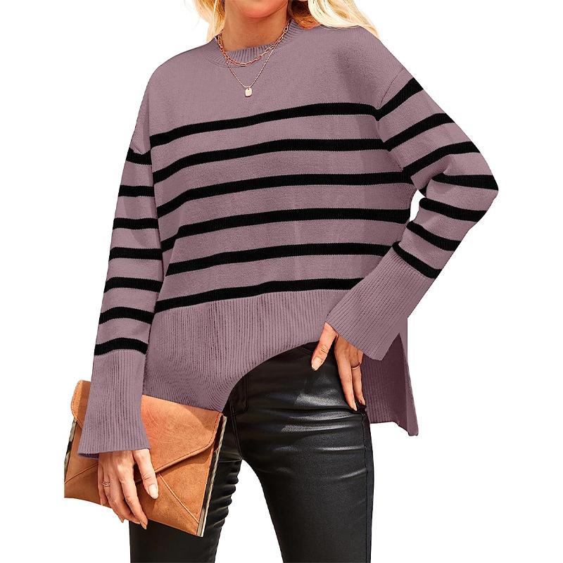 Women's knitted sweater 2025 autumn and winter new products European and American cross-border casual stripes loose crew neck pullover sweater