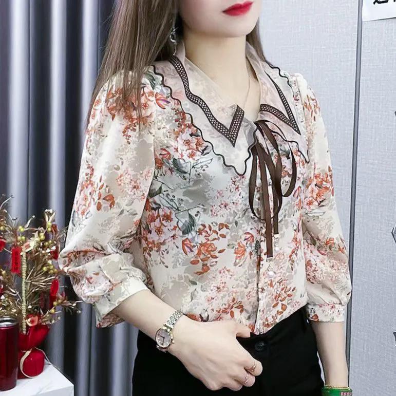 WTEMPO Spring Summer Floral Printed Chiffon Shirts Women's Three Quarter Sleeve Casual Loose Elegant Blouses