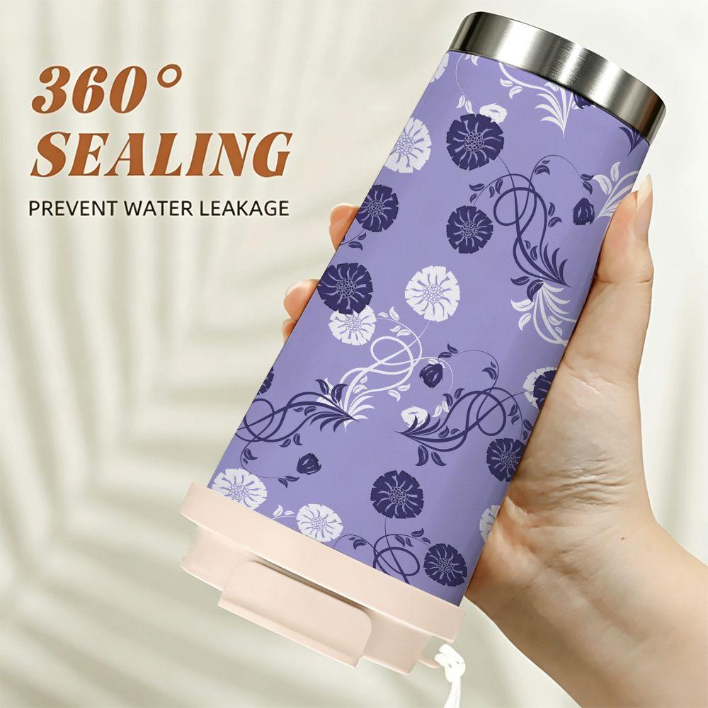 Floral Purple Aesthetic Print Insulated Coffee Tumbler Stainless Steel Vacuum Travel Mug,Reusable Leakproof Thermal Cup for Office School Gift