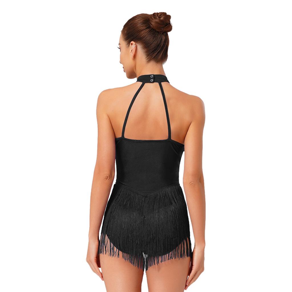 Женский костюм для латиноамериканских танцев без рукавов с открытой спиной, с цветными блоками, блестящими пайетками и кисточками, купальник