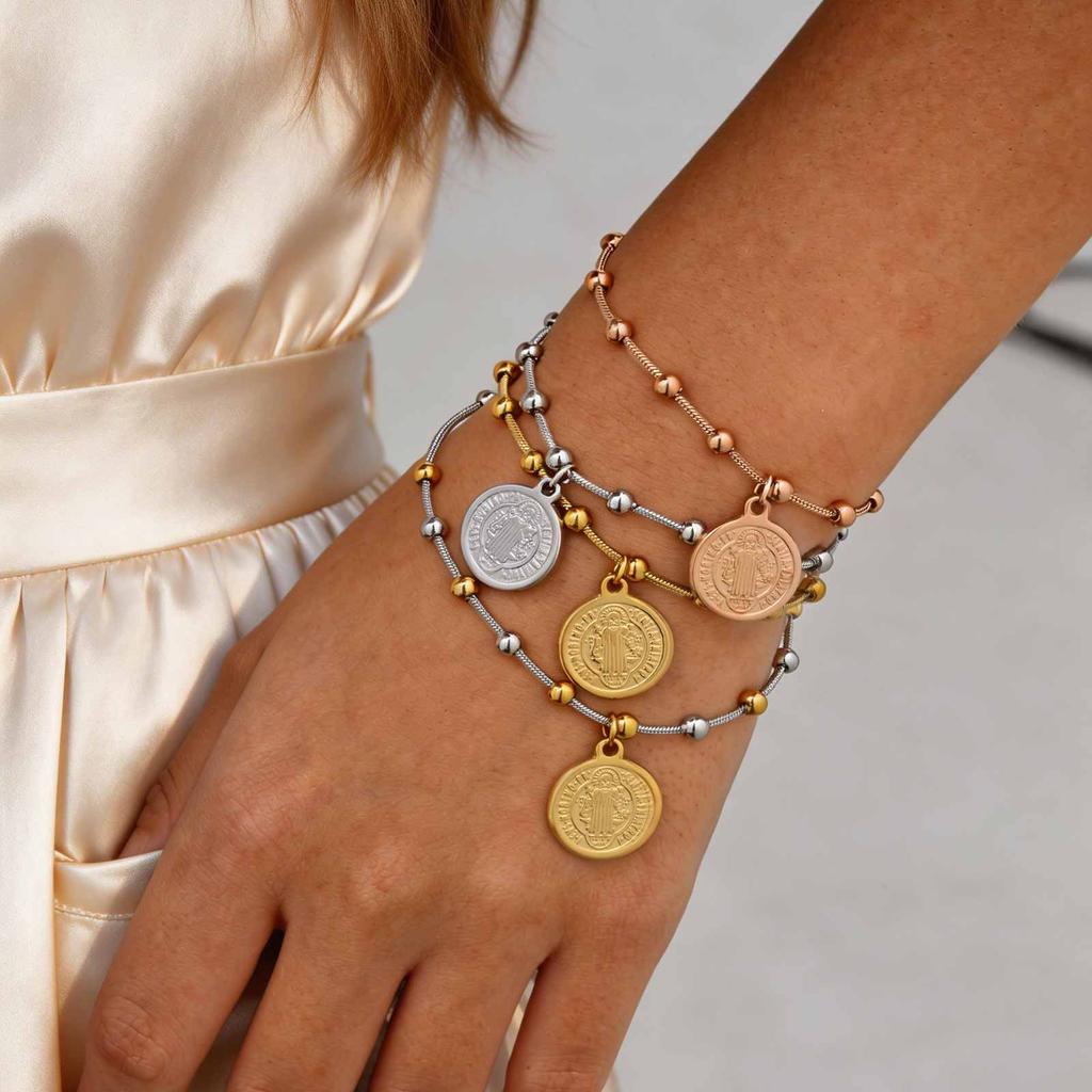 Religious Saint Benedict Virgin Mary Bracelet for Women, Holy Rosary Cross Jesus Tail Charm Bracelet, Stainless Steel Jewelry