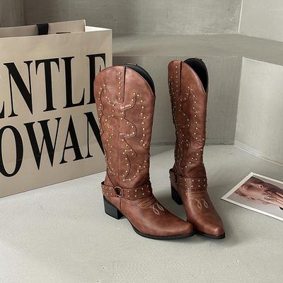 Женские ковбойские сапоги в западном стиле, модные сапоги до колена, ретро сапоги рыцаря с заклепками, роскошные кожаные сапоги с острым носком для женщин, Botas Mujer