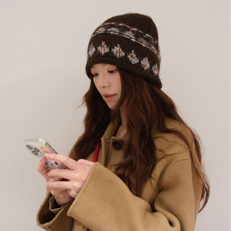 Women S Vintage Icelandic Jacquard Rolled Edge Knit Beanie Warm Hat