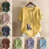 Women's Fashion Round Neck Short Sleeve T-shirt Casual Cotton Linen Graphic Shirt Leisure Loose Cat Prined Summer Blouse Tops