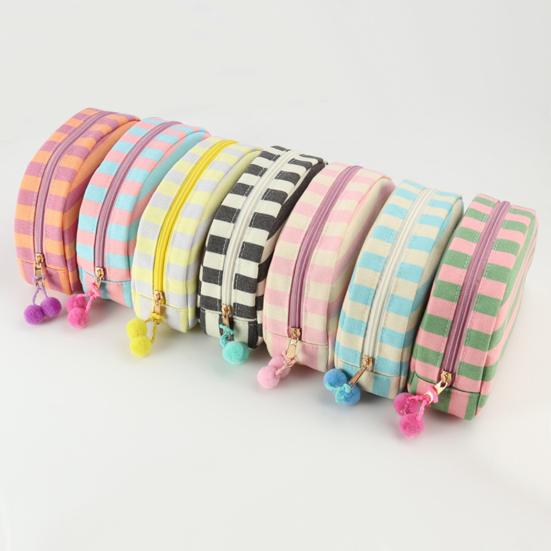 Косметичка в полоску из ракушки, холщовая, дорожная, органайзер для макияжа, портативная, милая косметичка с помпонами для женщин и девочек.