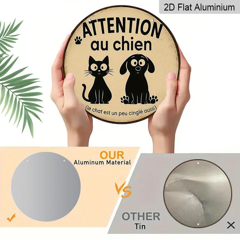 2D Flat, 1pc 7.87 Inch Round French Aluminum Sign, "Beware of Dog" Vintage Decorative Plaque, Pet Cat and Dog Reminder Decorative Art, Suitable for