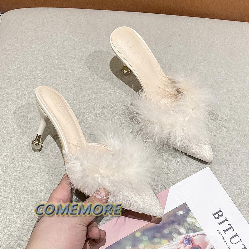2024 Новые женские босоножки, сексуальные, меховые, летние, элегантные, на высоком каблуке, туфли-лодочки, женская обувь, свадебная вечеринка, модные тапочки большого размера