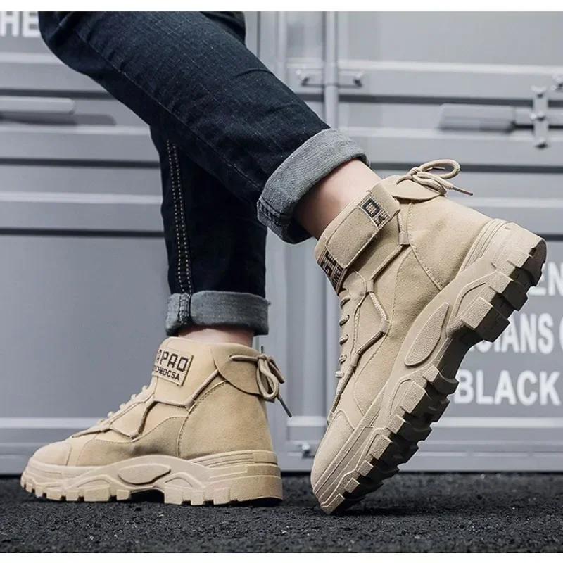 Men's Platform Boots Fashion Desert Boots New Comfortable Non-slip Hiking Shoe High Top All-match Work Boots Bota Masculina