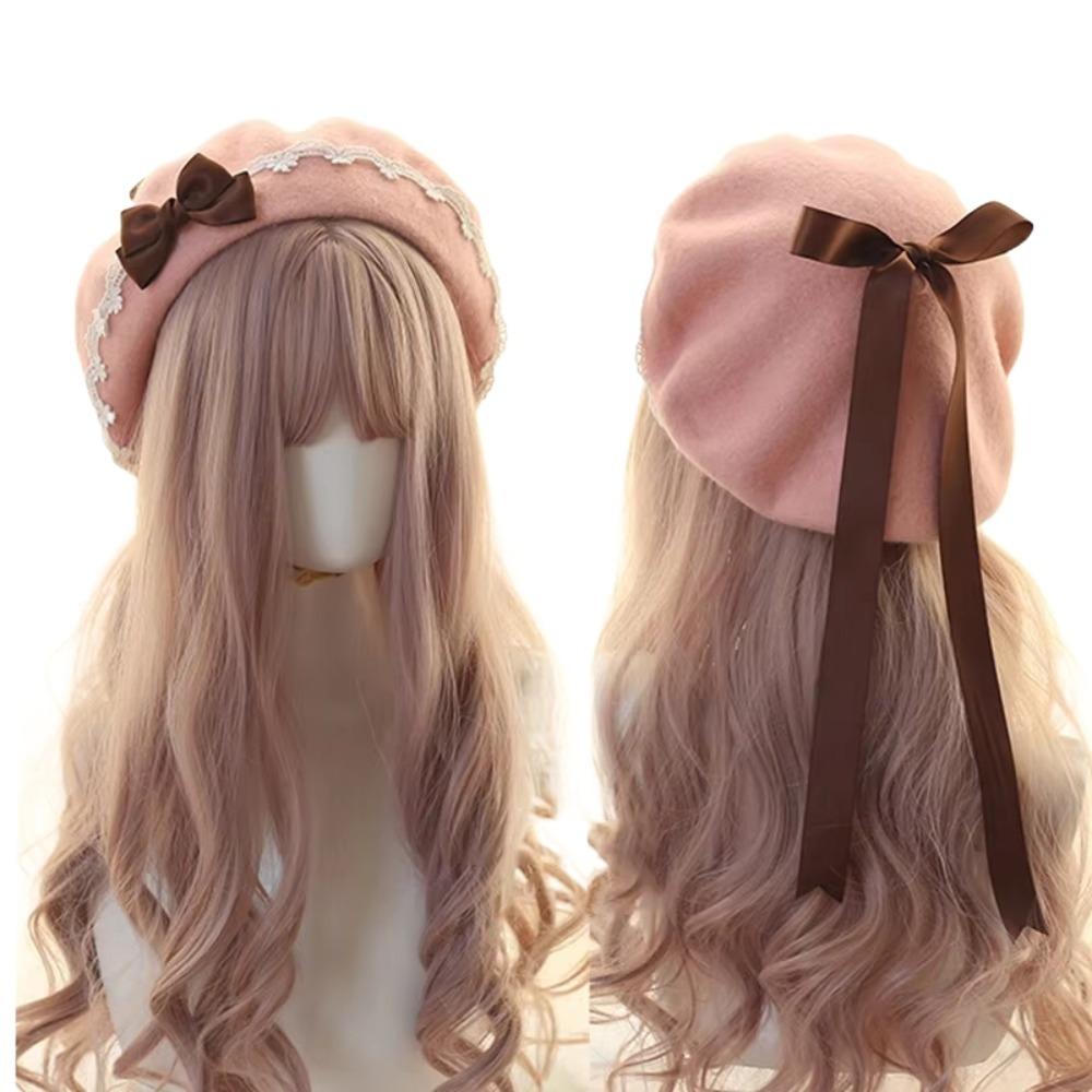 Warm Girl Lace Bow Hat Sweet Painter Hat Y2k Beanie Cap Female