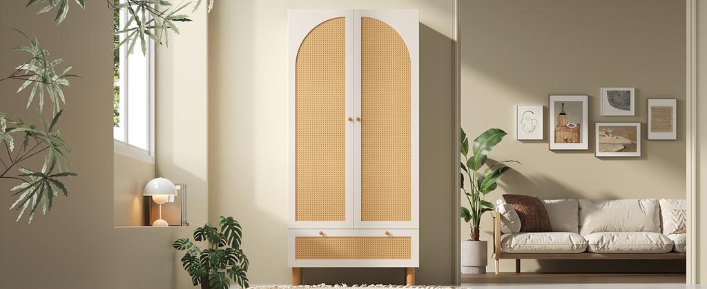 Wardrobe Cabinet with 2 Doors & Rattan, Country Style White, Drawer, Height-Adjustable Shelves & Clothes Rail, Anti-Tip Device, 180x85x52 cm (H/W/D)