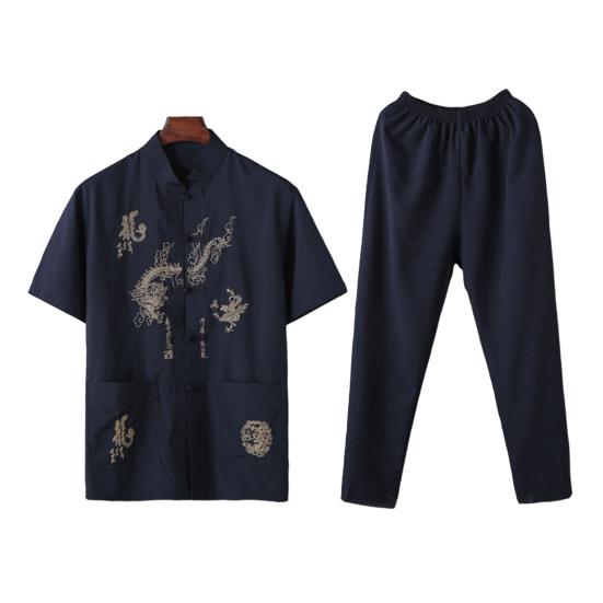 2 шт./компл., повседневный костюм среднего возраста, китайский стиль, узор дракона, воротник-стойка, короткий рукав, однобортный топ, комплект с длинными брюками с эластичной резинкой на талии