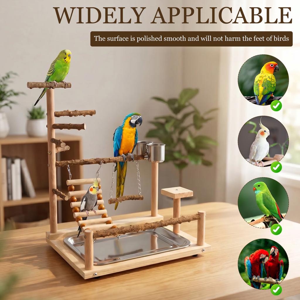 Wooden Parrot Play Stand Multi Level Parrot Playground with Ladder Swing and Feeding Cup Bird Toys Birdcage Accessories for Pet