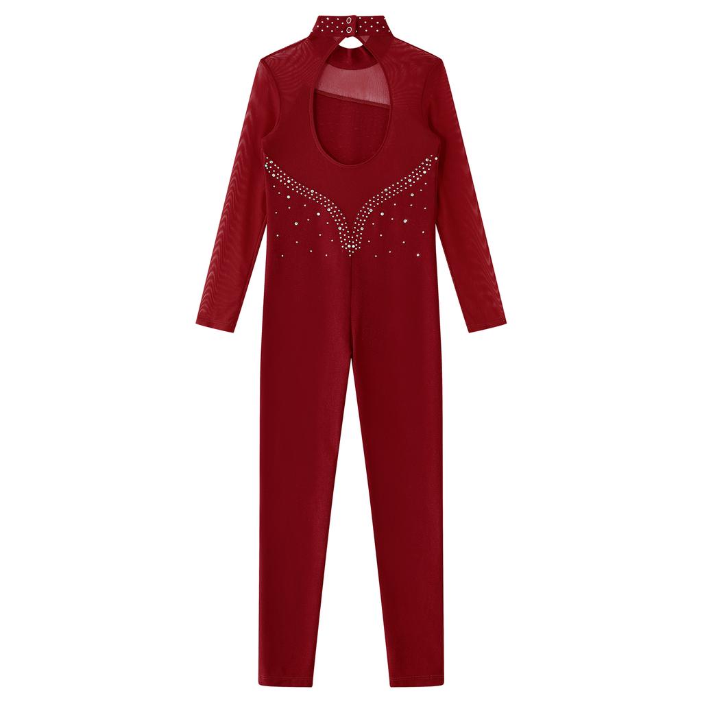 Children Girls Fashion Leotard Long Sleeve Round Collar Hollow Back Skating Performance Jumpsuit