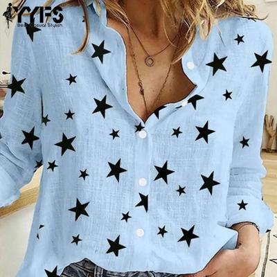 Женская мода повседневная весна осень звездный принт длинный рукав воротник поло блузки и рубашки