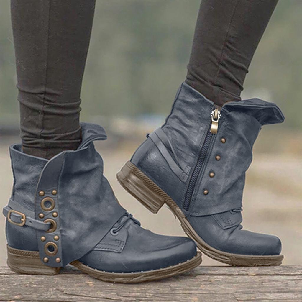 Women Leather Buckle  Boots Heel Boots Large Size Side Zipper Casual Shoes
