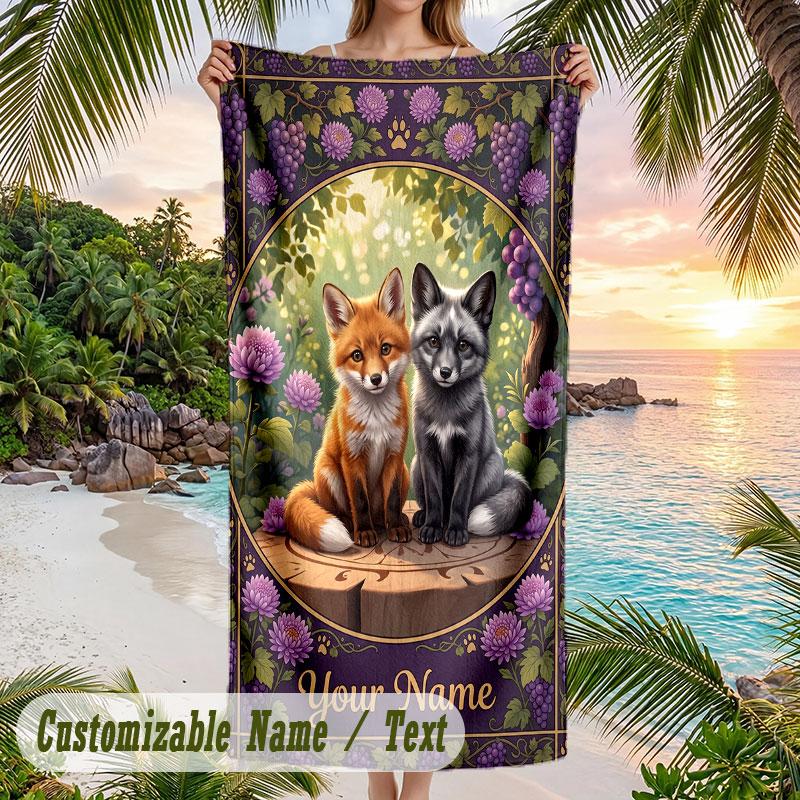 Foxes Flowers 1 Theme Quick Dry Beach Towel Custom Name Text Print Large Sand Resistant Towel Beach Vacation