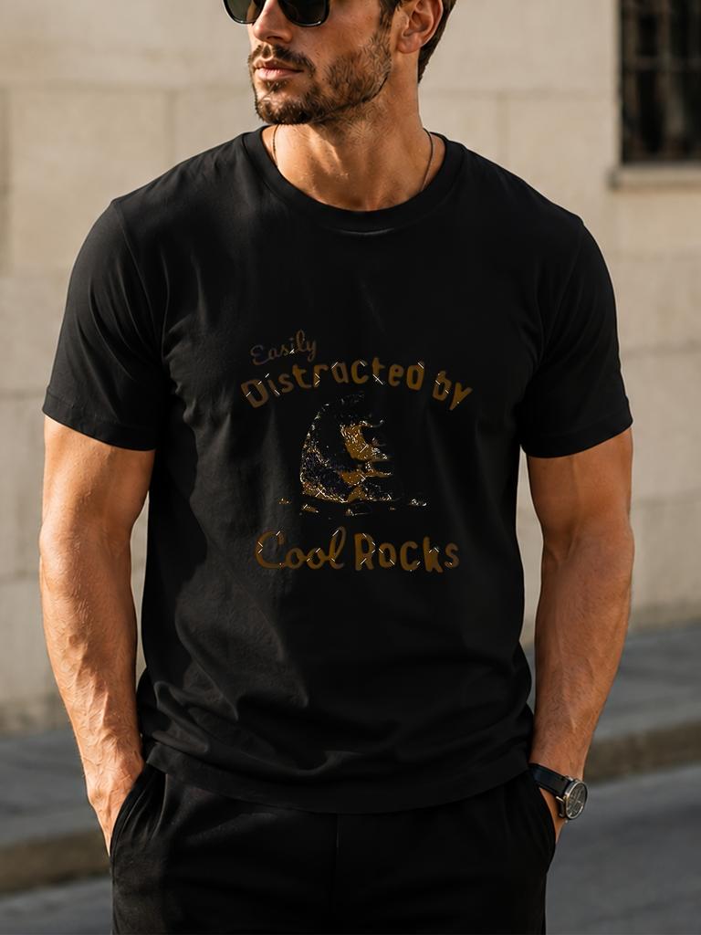 1pc "Easily Distracted by Cool Rocks" unisex T-Shirt with Printed Graphic - Suitable for Daily Wear - Casual and Versatile - Summer Item - Pure Cotton