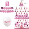 High Quality White Cardboard Material Barbie Doll Birthday Party Supplies Set With Cartoon Flags, Latex Balloons, And Cake Toppers