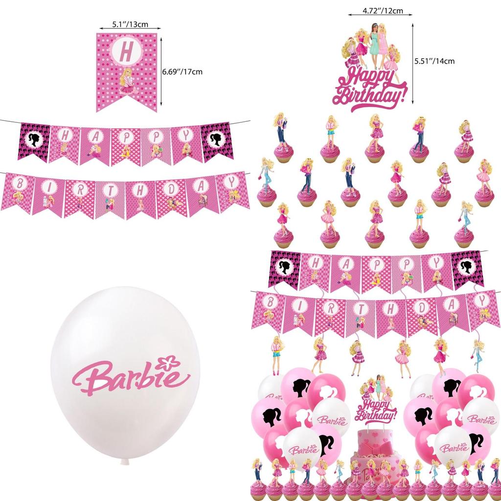 High Quality White Cardboard Material Barbie Doll Birthday Party Supplies Set With Cartoon Flags, Latex Balloons, And Cake Toppers
